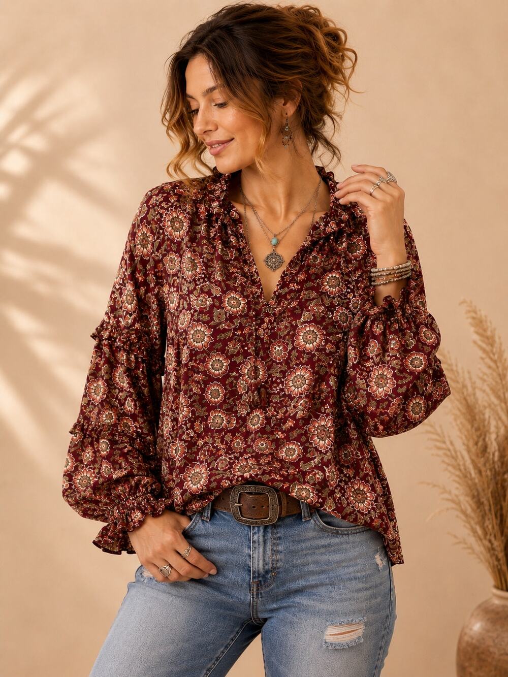 Floral Boho Peasant Blouse XL Ruffle Festival Top Cottagecore Shirt